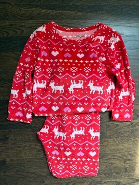 Cat & Jack Red Kids Velour Pajama Set with White Reindeer and Pink Hearts